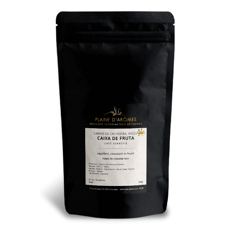 Paquet 250g de café Brésil CAIXA DE FRUTA pour la méthode expresso de la marque Plaine d'Arômes