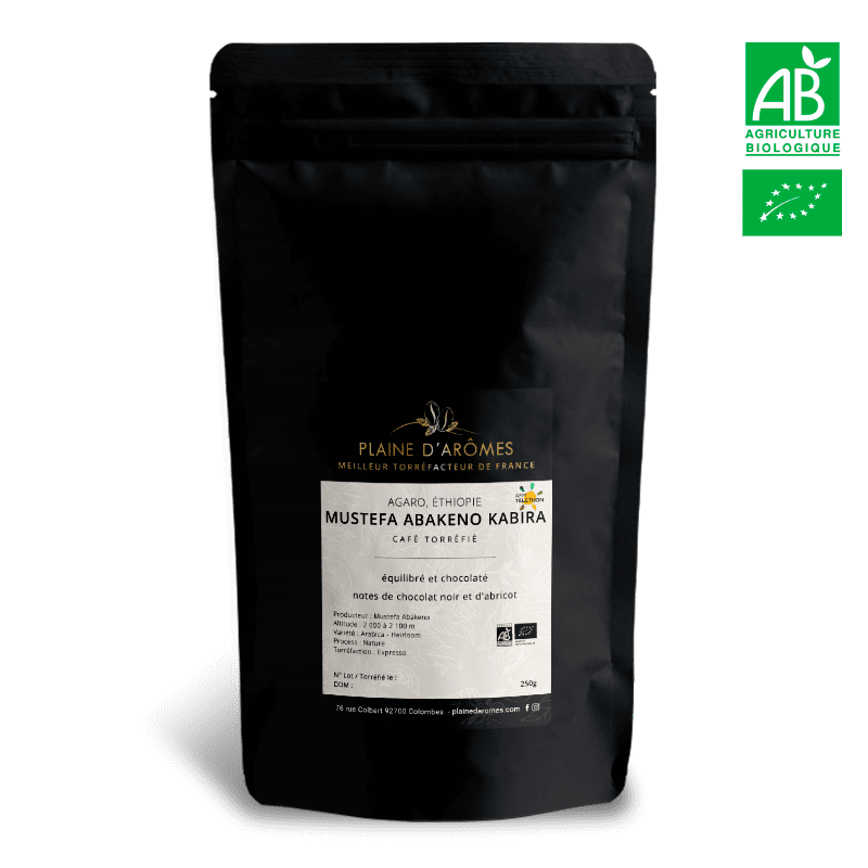 Paquet 250g de café MUSTEFA ABAKENO KABIRA Bio pour la méthode expresso de la marque Plaine d'Arômes