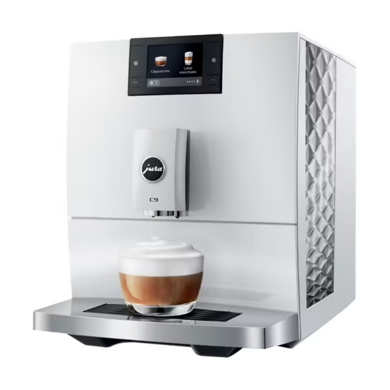Machine espresso Jura en blanc avec une tasse de cappucino